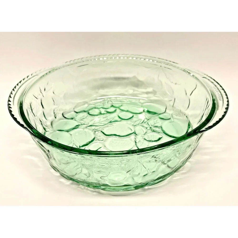 Libby Orchard Fruit Large Casserole Dish Green Glass 3Qt Vintage - Excellent